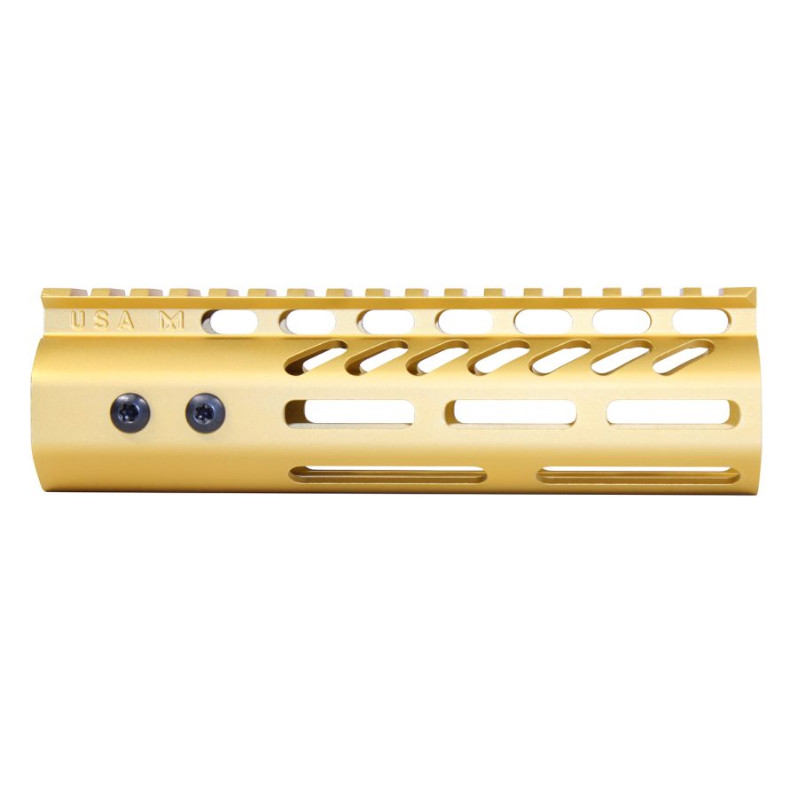 Gold anodized M-LOK handguard with Picatinny rail for AR-15, enhancing firearm customization.