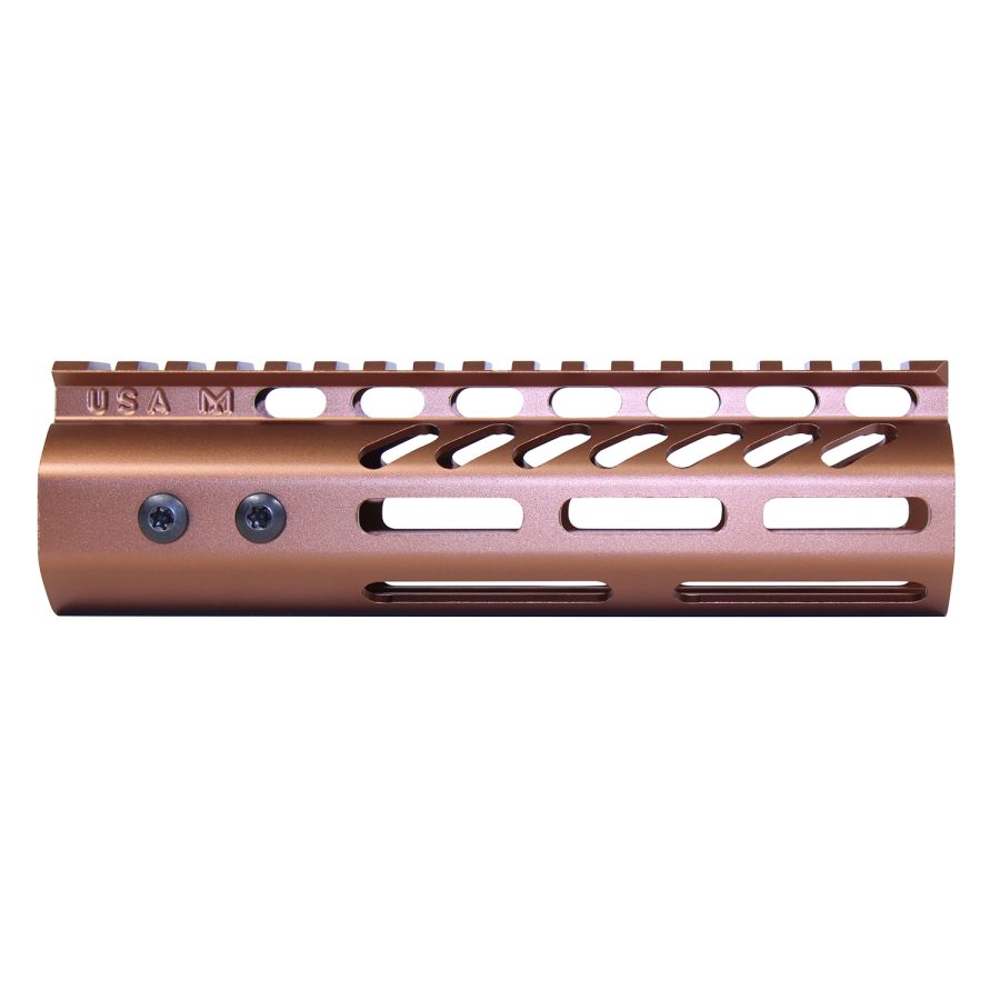Copper-toned M-LOK handguard with Picatinny slots for versatile AR rifle customization.
