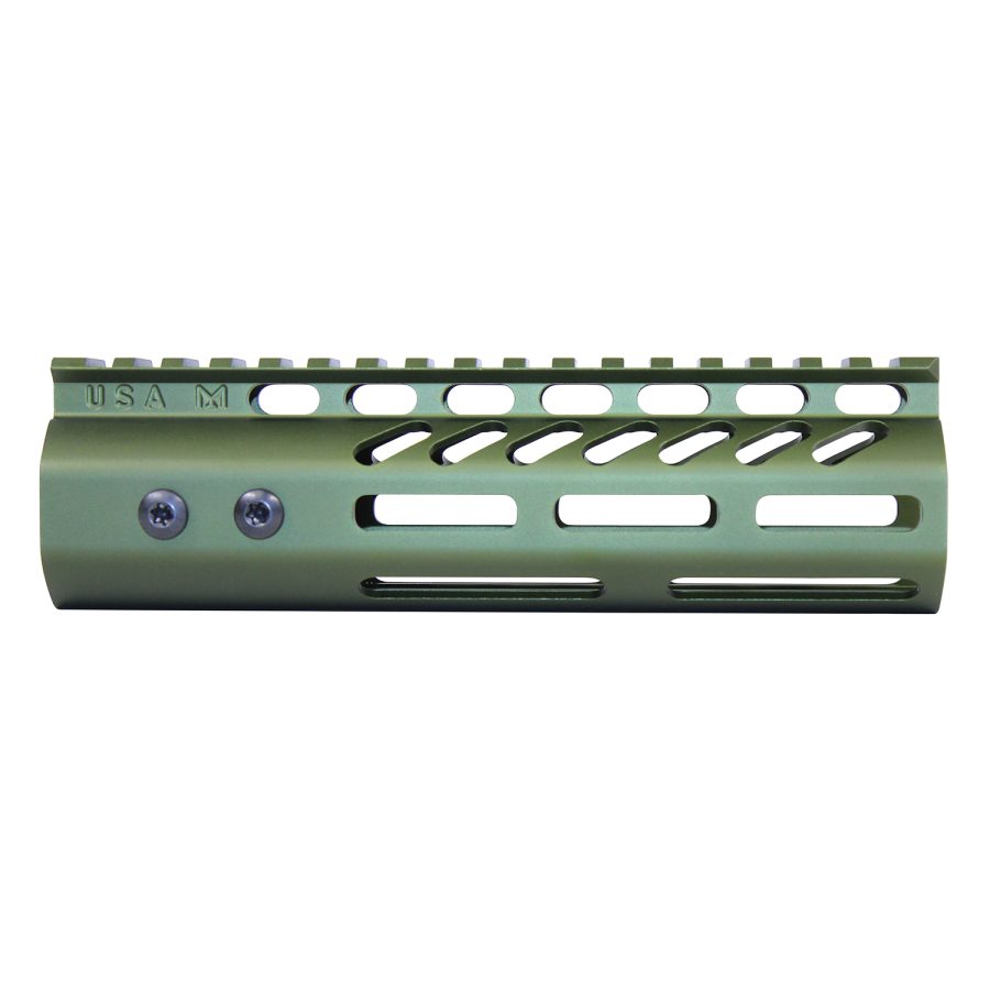 Olive Drab AR-15 Handguard with Picatinny Rail, Ventilation Cutouts, and Aluminum Construction.