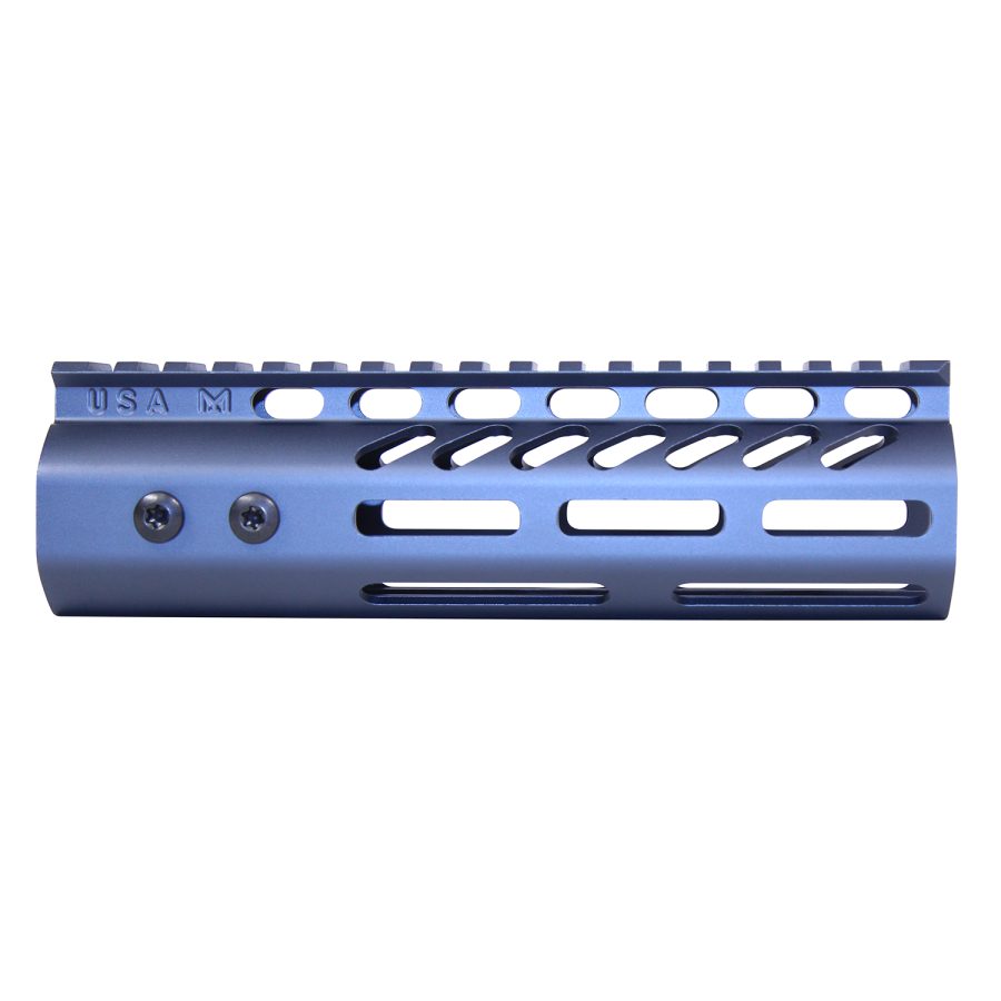 Blue aluminum M-LOK handguard with Picatinny rail for firearm customization and heat dissipation.