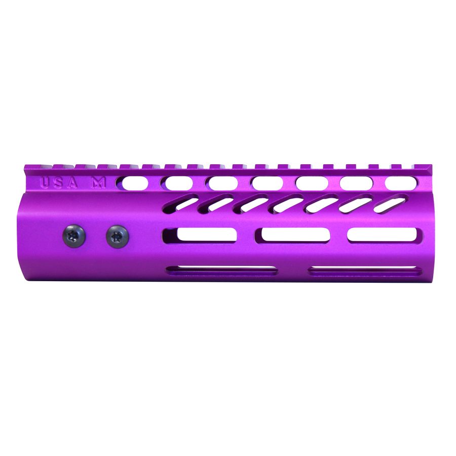 Purple anodized firearm handguard with Picatinny rail, USA-made, stylish and functional design.