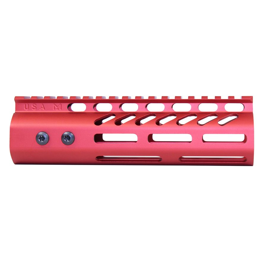 Bright red anodized handguard with Picatinny rail system for firearms customization and accessory mounting.