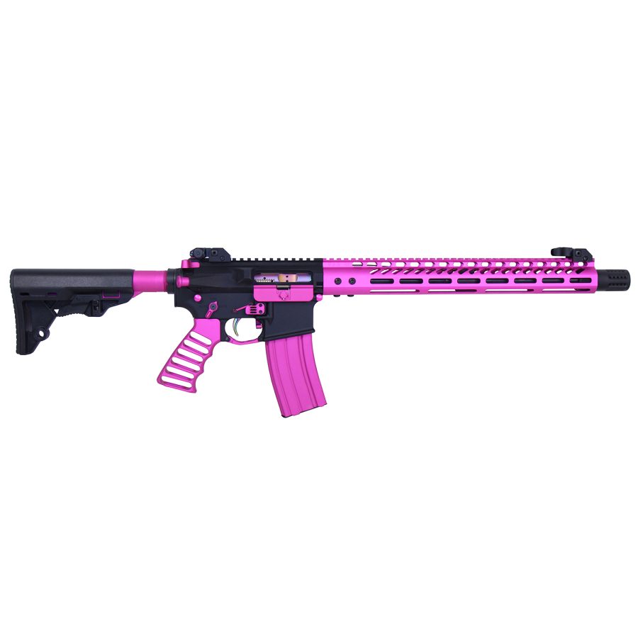 Modern pink and black AR-style sporting rifle with customizable features.