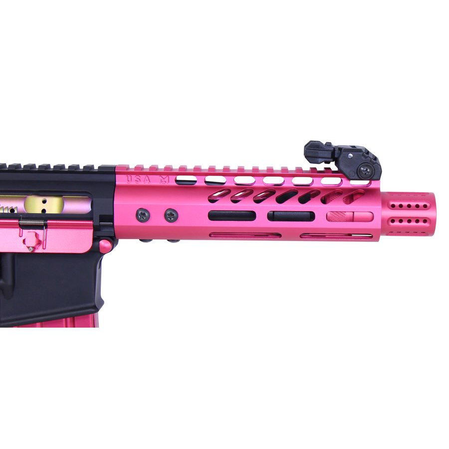 Customized hot pink AR-15 with black receiver, featuring tactical rails and ventilation cuts.
