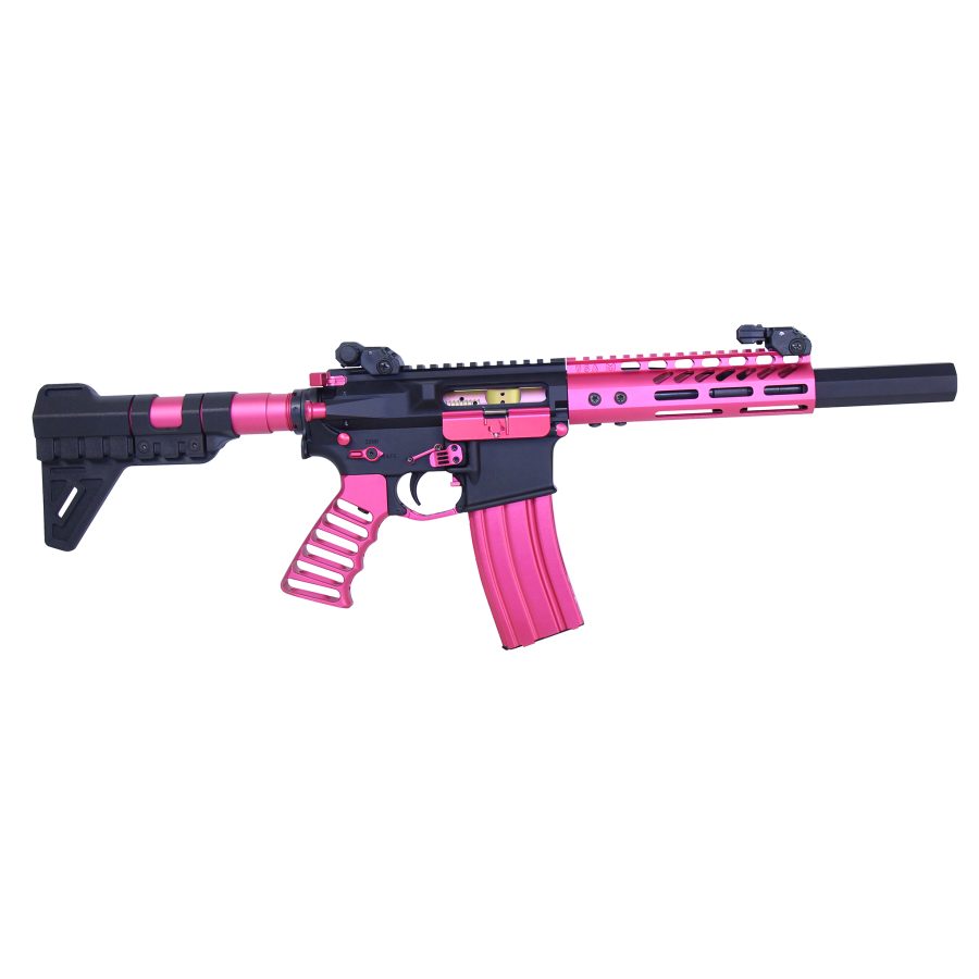Custom AR-15 rifle with hot pink accents and ergonomic, tactical features.