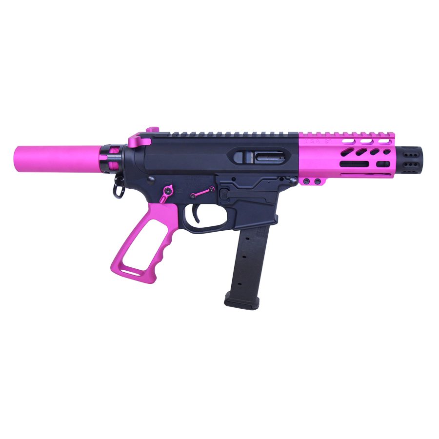 Hot pink and black tactical carbine with ergonomic design and accessory rail system.