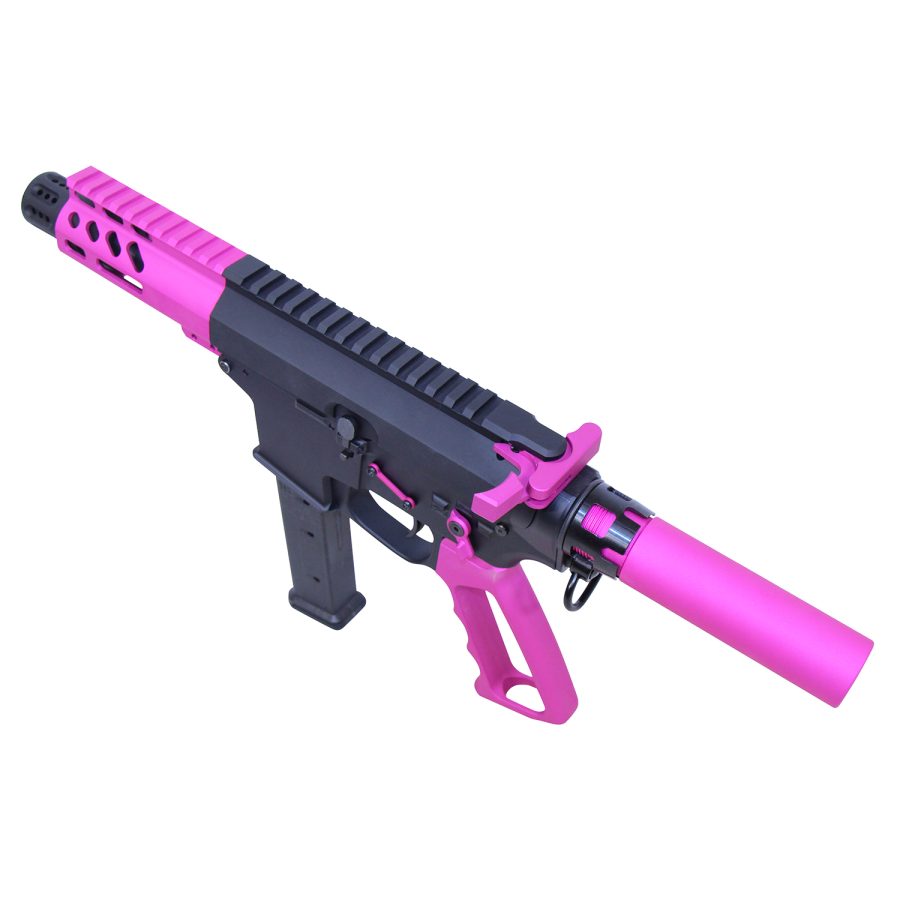 Customized hot pink and black tactical rifle on a white background.