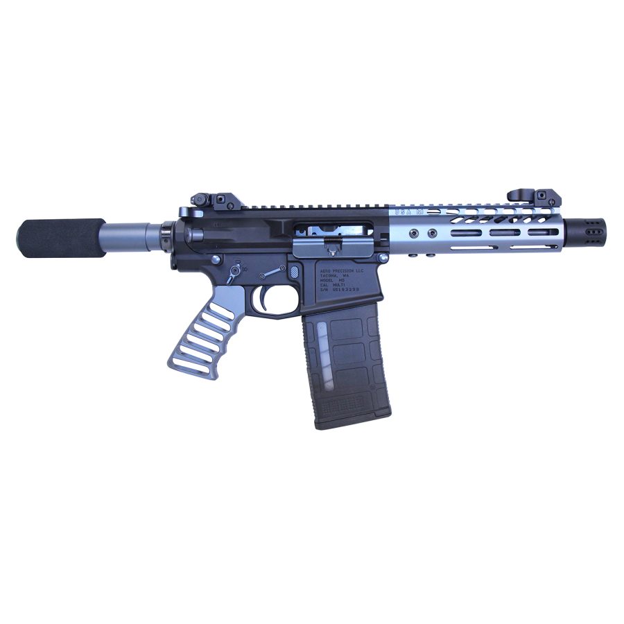 Compact AR pistol with two-tone finish, suppressor, picatinny rail, and polymer magazine.