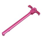 Pink anodized ambidextrous firearm charging handle, T-shaped with extended latch for customization.