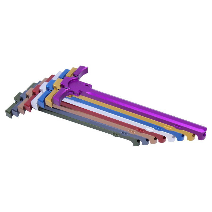 Vibrant anodized hex keys in fan layout; practical tools with aesthetic appeal against white background.