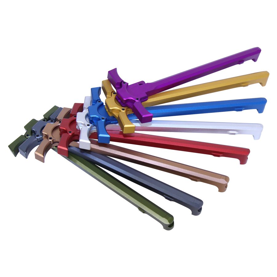 Colorful anodized AR charging handles arranged in a fan shape, showcasing customization potential.