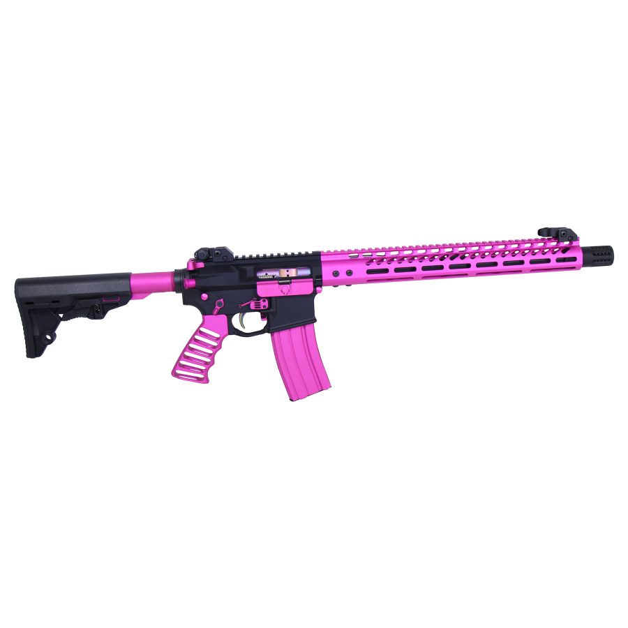 Pink AR-style rifle with black accents, modern design, pink handguard, and adjustable stock.