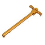 Gold anodized ambidextrous firearm charging handle with ergonomic design for performance and style.