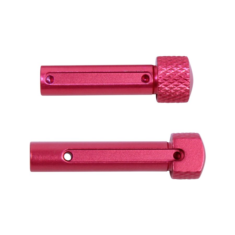 Hot pink anodized AR-15 takedown pins with knurled caps, customizable firearm accessories.