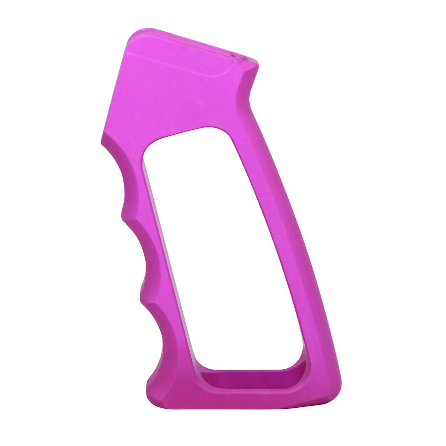 Hot pink ergonomic pistol grip for firearms with finger grooves, standout customization.