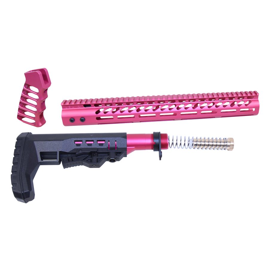 Hot pink AR firearm accessories kit: pistol grip, handguard, tactical stock, and buffer tube.