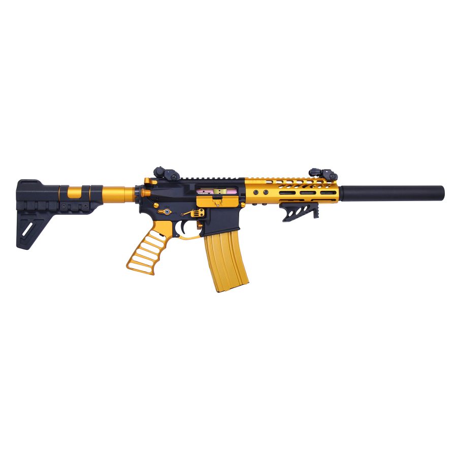 Black and gold custom AR-style rifle with tactical design, displayed horizontally on white background.