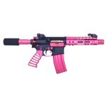 Custom AR-style firearm with striking hot pink and black design against white background.
