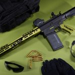 Semi-automatic rifle with tactical gear and accessories on a lime-green background.