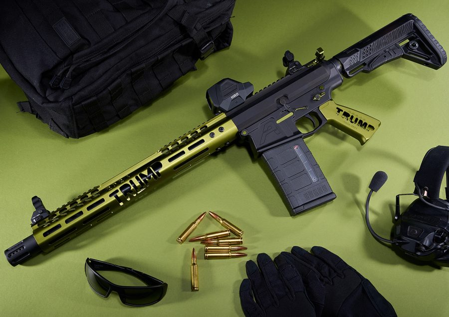 Semi-automatic rifle with tactical gear and accessories on a lime-green background.
