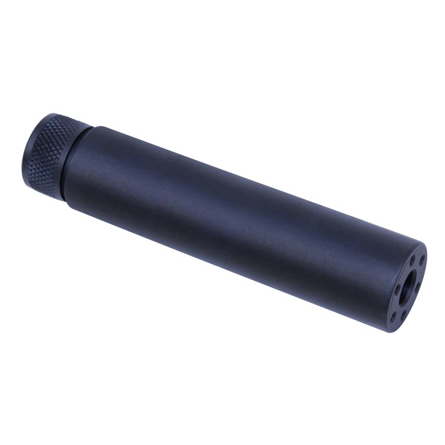 Matte black cylindrical firearm fake suppressor with knurled grip and circular port designed as a barrel extension.
