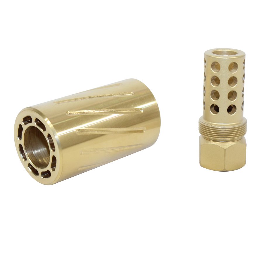 Brass firearm muzzle devices: crafted for recoil control and performance enhancement.