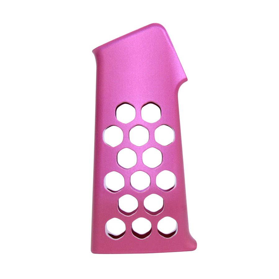 Vibrant pink pistol grip with hexagonal cutouts for lightweight, ergonomic firearm customization.