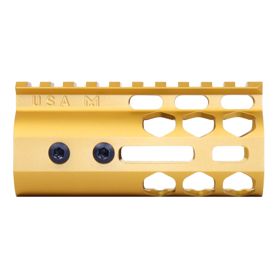 Gold-anodized firearm handguard with Picatinny rail, cutouts for weight reduction, and customization.