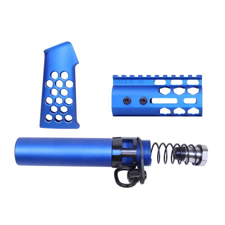 Anodized blue AR rifle parts with hex grip, USA rail, and buffer tube.