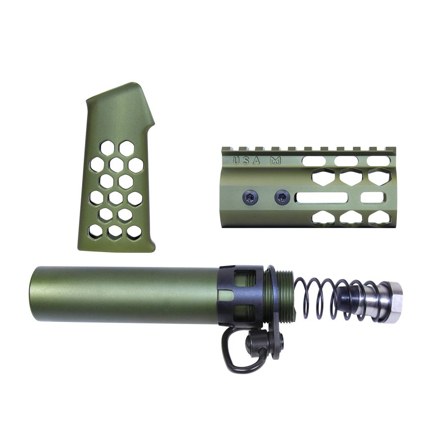 Olive green AR-15 custom parts with buffer tube, hex grip, and USA-marked handguard.