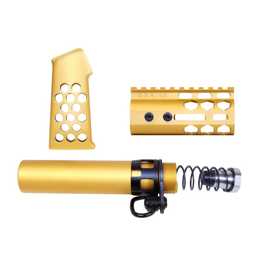 Gold anodized AR-15 custom upgrade kit with pistol grip, handguard, buffer tube assembly.