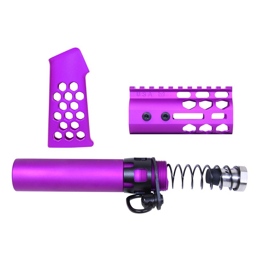 Purple anodized AR-15 parts set including grip, rail system, buffer tube for custom builds.