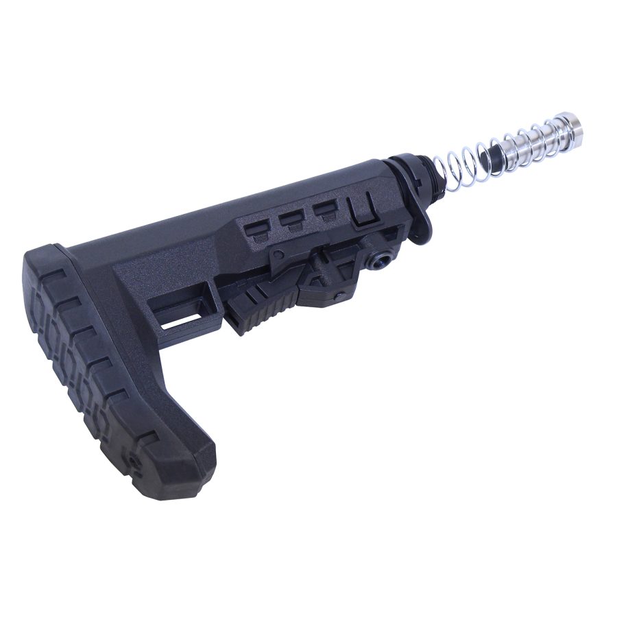 Black tactical buttstock for AR-15, adjustable length, exposed buffer spring, durable lightweight construction.