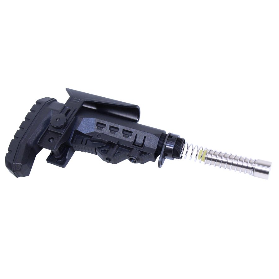 Adjustable matte black tactical rifle stock with exposed buffer tube and ergonomic design features.