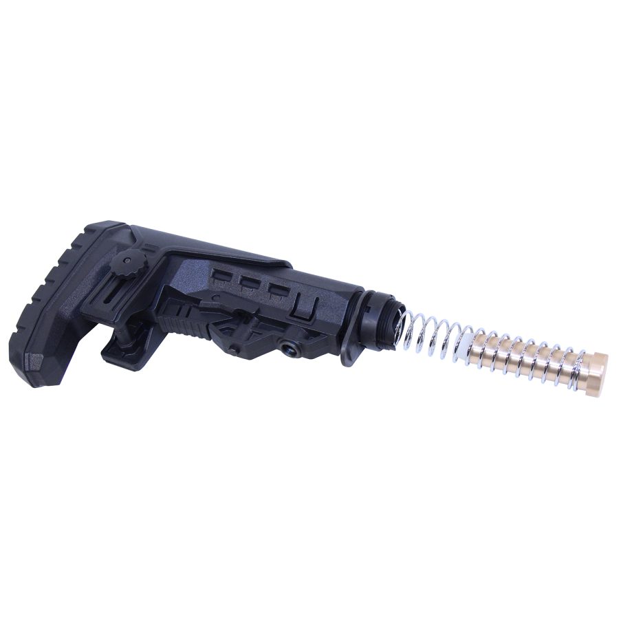 Matte black AR rifle buttstock, exposed buffer tube spring, ergonomic design features.
