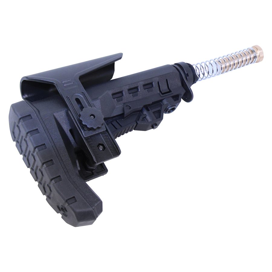 Adjustable matte black buttstock for AR-15 with ergonomic design and visible recoil spring.