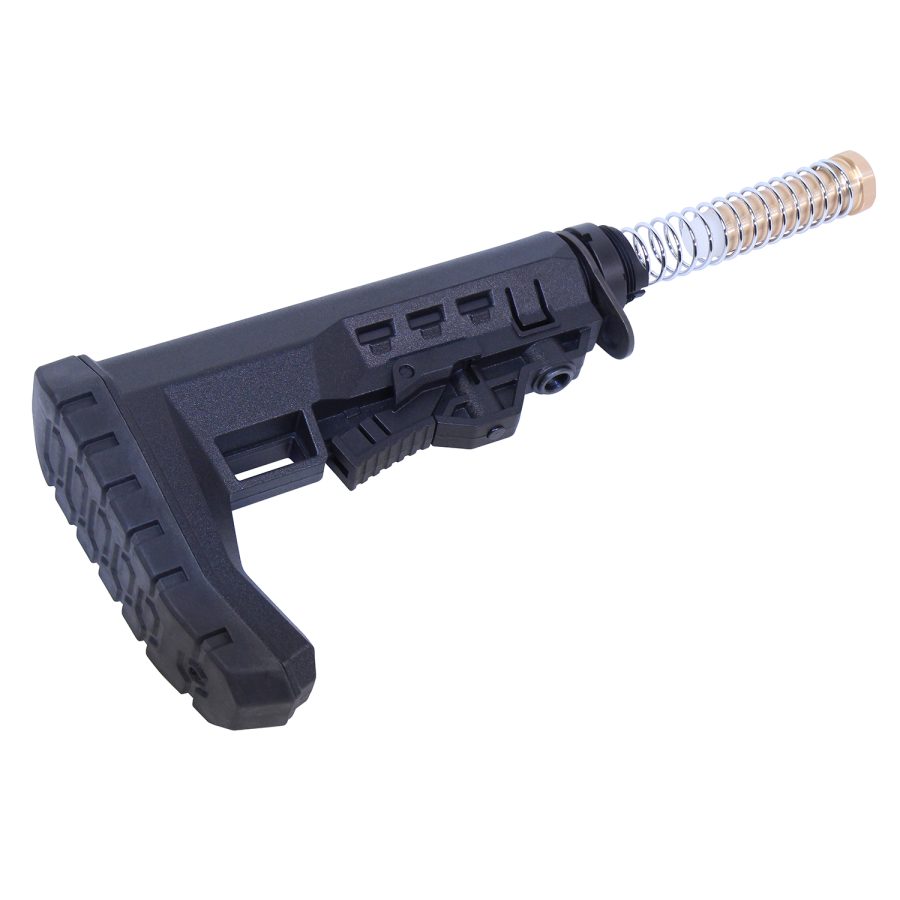 Adjustable black rifle buttstock with coil spring, buffer tube, ergonomic design, for modern tactical rifles.