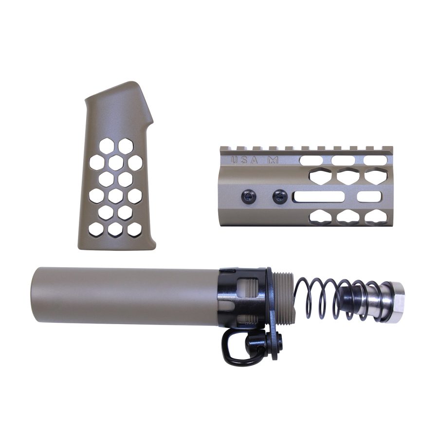 Matte grey AR-15 parts: honeycomb grip, USA M handguard, buffer tube assembly.