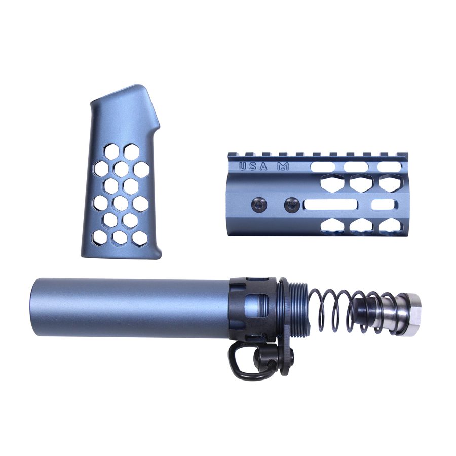 Blue-gray firearm components: honeycomb grip, barrel shroud, buffer tube for modular customization.