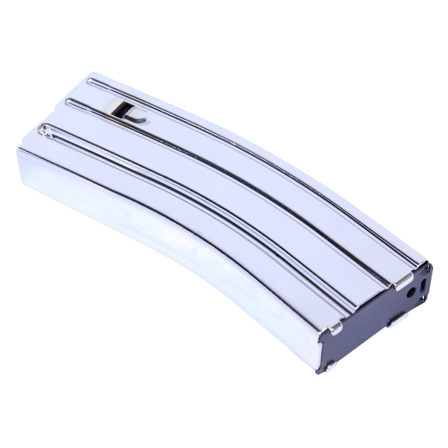 Polished chrome AR-15 magazine with curved design, ribbing, and premium aesthetics.