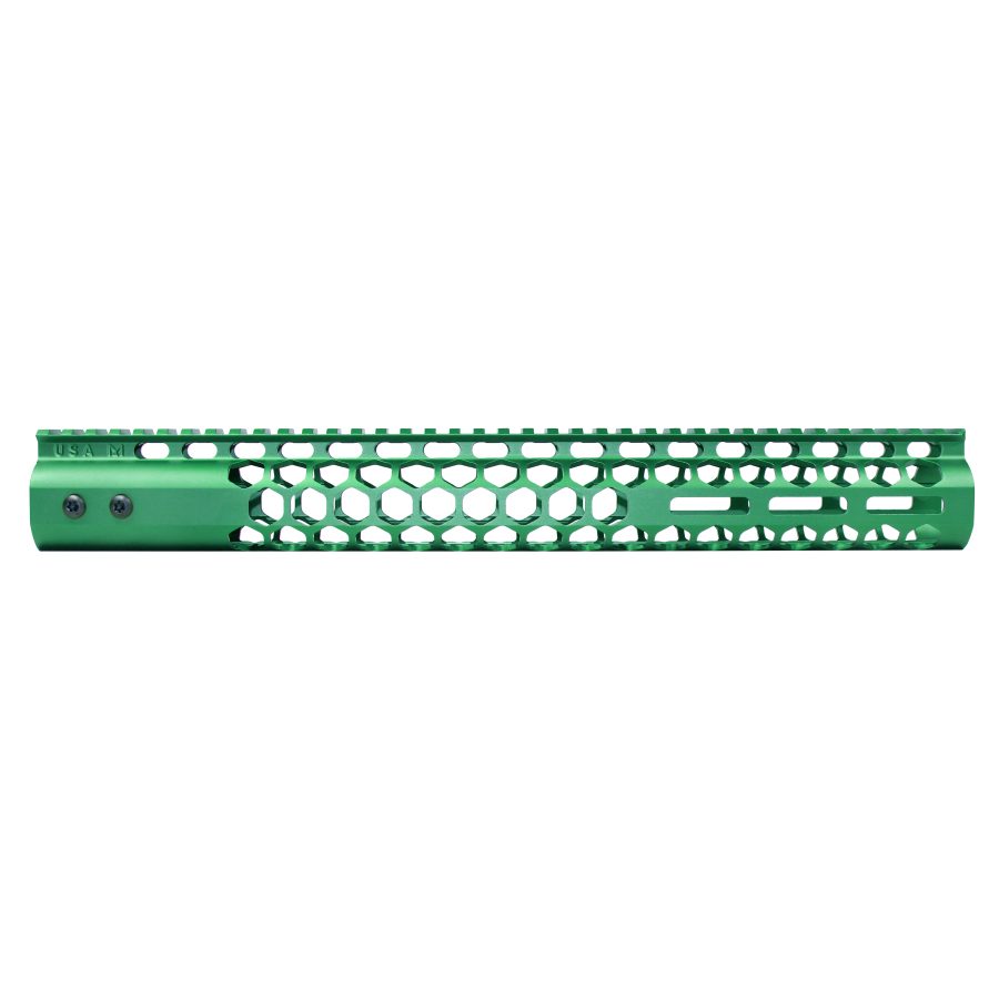 Bright green aluminum firearm handguard with honeycomb design, Picatinny rail slots, and USA engraving.