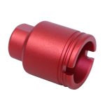 Red anodized precision metal component, cylindrical, with grooves, for mechanical or firearms use.