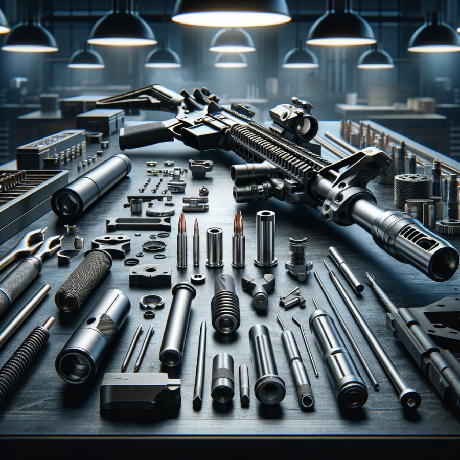 Disassembled AR-15 showcasing 9mm conversion components under industrial lighting on a dark workbench.