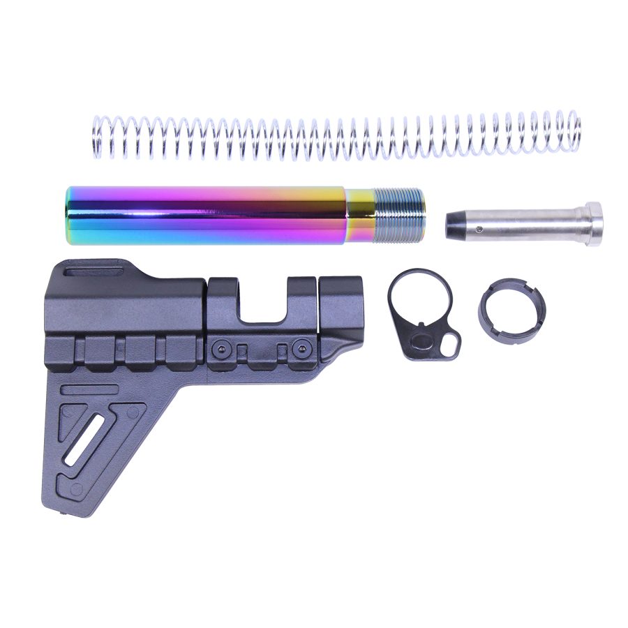 Firearm brace kit with colorful buffer tube and essential assembly components displayed on white background.