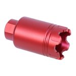 Red anodized muzzle device with prongs for recoil control, precision-machined, durable aluminum.