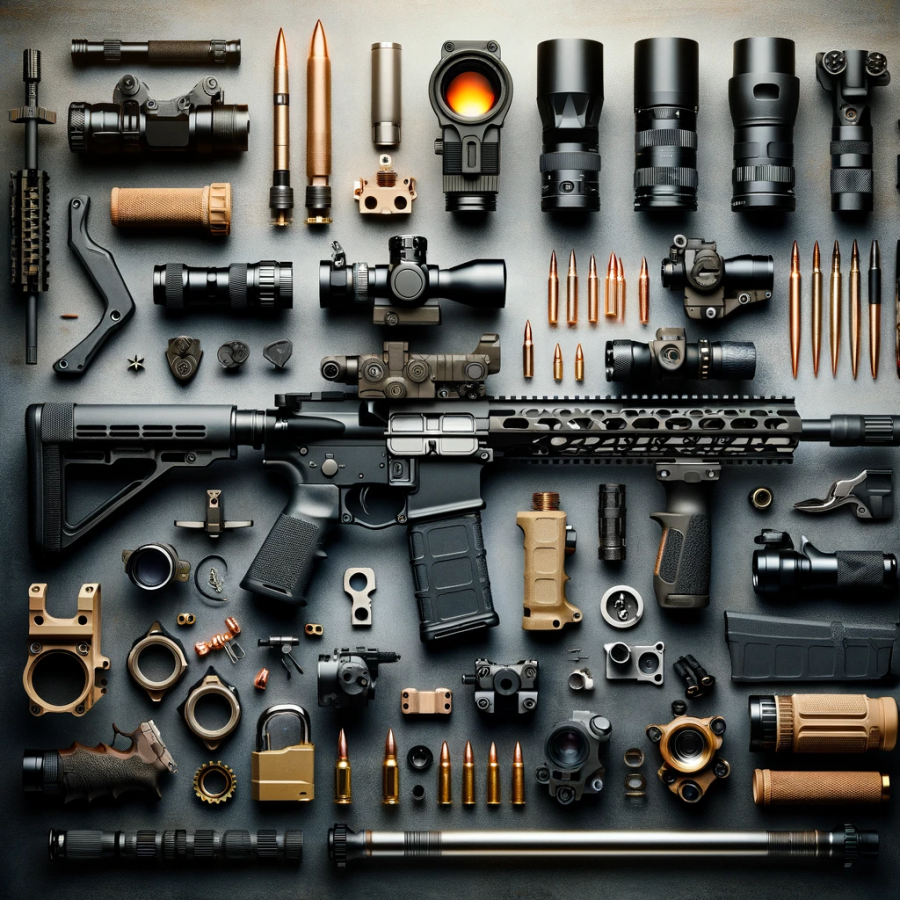 Organized display of AR-15 components, scopes, and accessories in tactical gear flat lay.