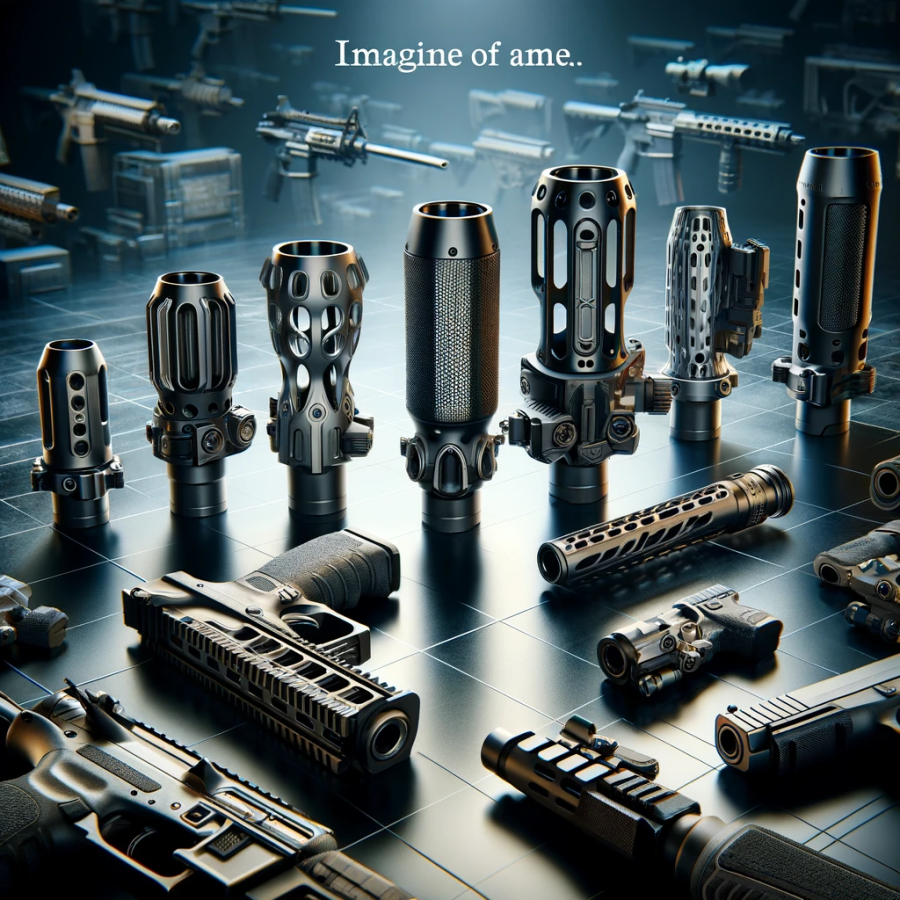 High-performance tactical firearm accessories displayed on a reflective surface in a professional setting.