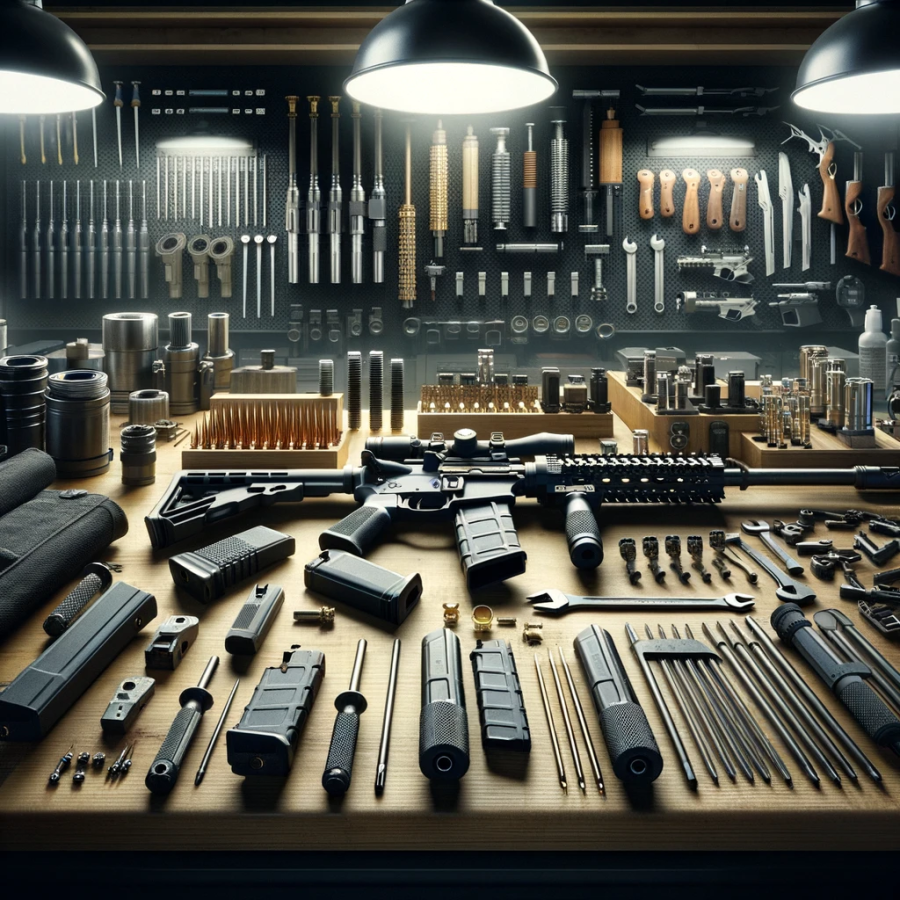 Meticulously organized gunsmith workshop with rifles, components, and tools under industrial lighting.
