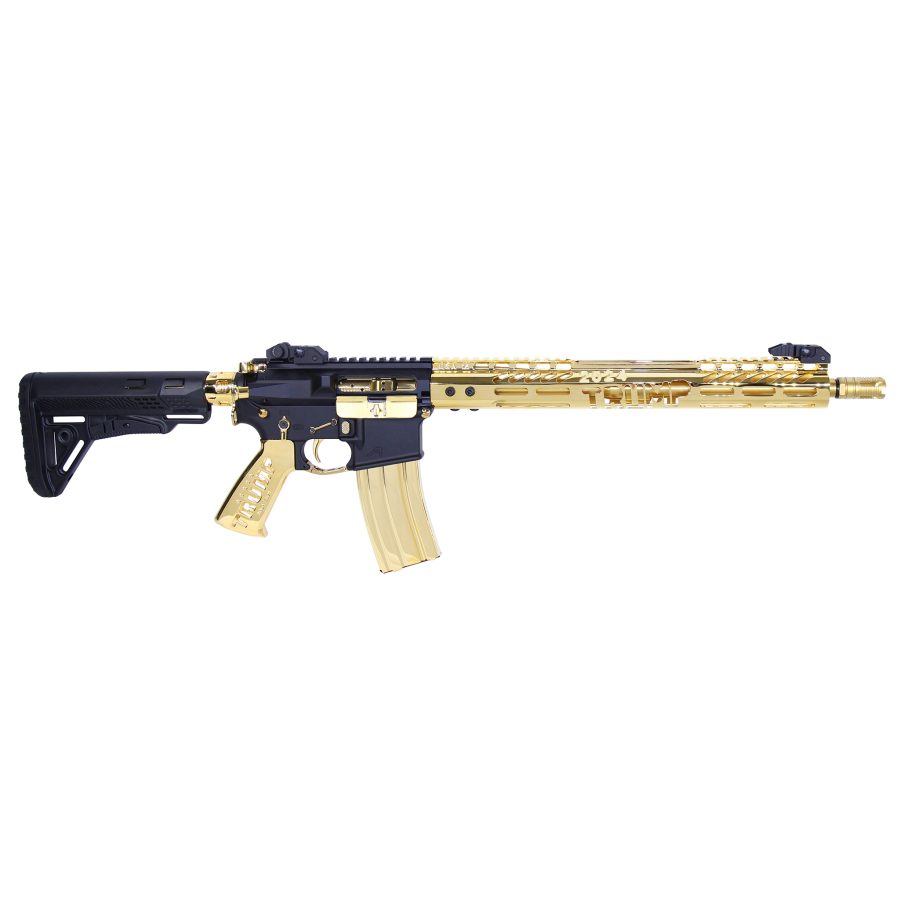 Gold-plated TRUMP AR-15 rifle with black accents, featuring engraved handguard, for display purposes.