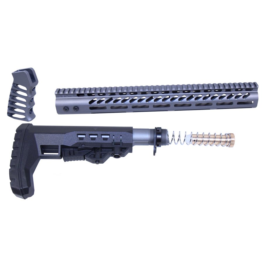 Disassembled tactical firearm parts: stock, handguard, and grip showcasing modular design.